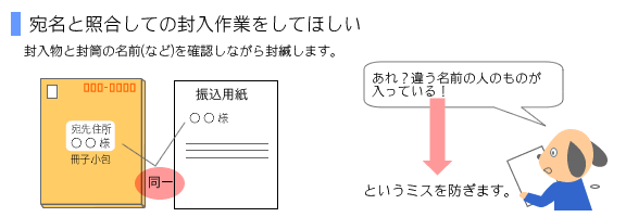 宛名と照合しての封入作業をしてほしい！